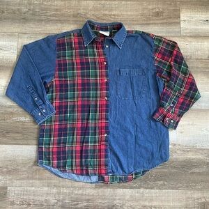 Vintage Colorblock Half Plaid Patchwork Button Down Chambray Blue Collar Shirt M